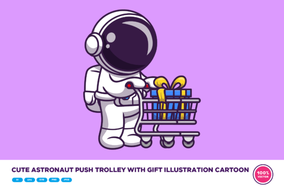 Cute Astronaut Push Trolley with Gift: Graphics & Illustrations